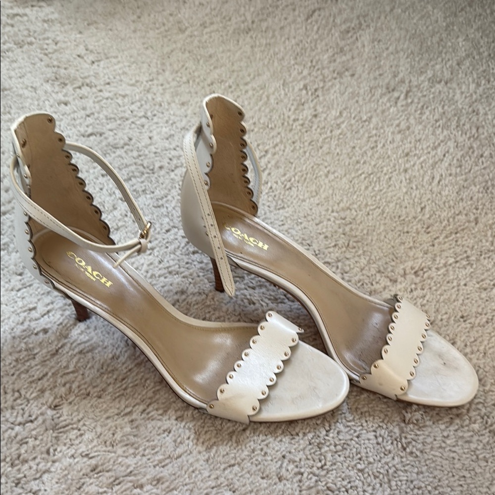 Coach Off White Heels with Ankle Strap and Open-Toe Design